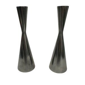 Ikea Tapered Metal Candle Holders Set of 2 Silver Tone MCM Scandi Style 8" Tall